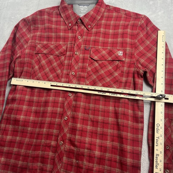 Huk Shirt Mens L Flannel Red Plaid Fishing Outdoor Hiking Utility Roll Tab EUC - Picture 4 of 7